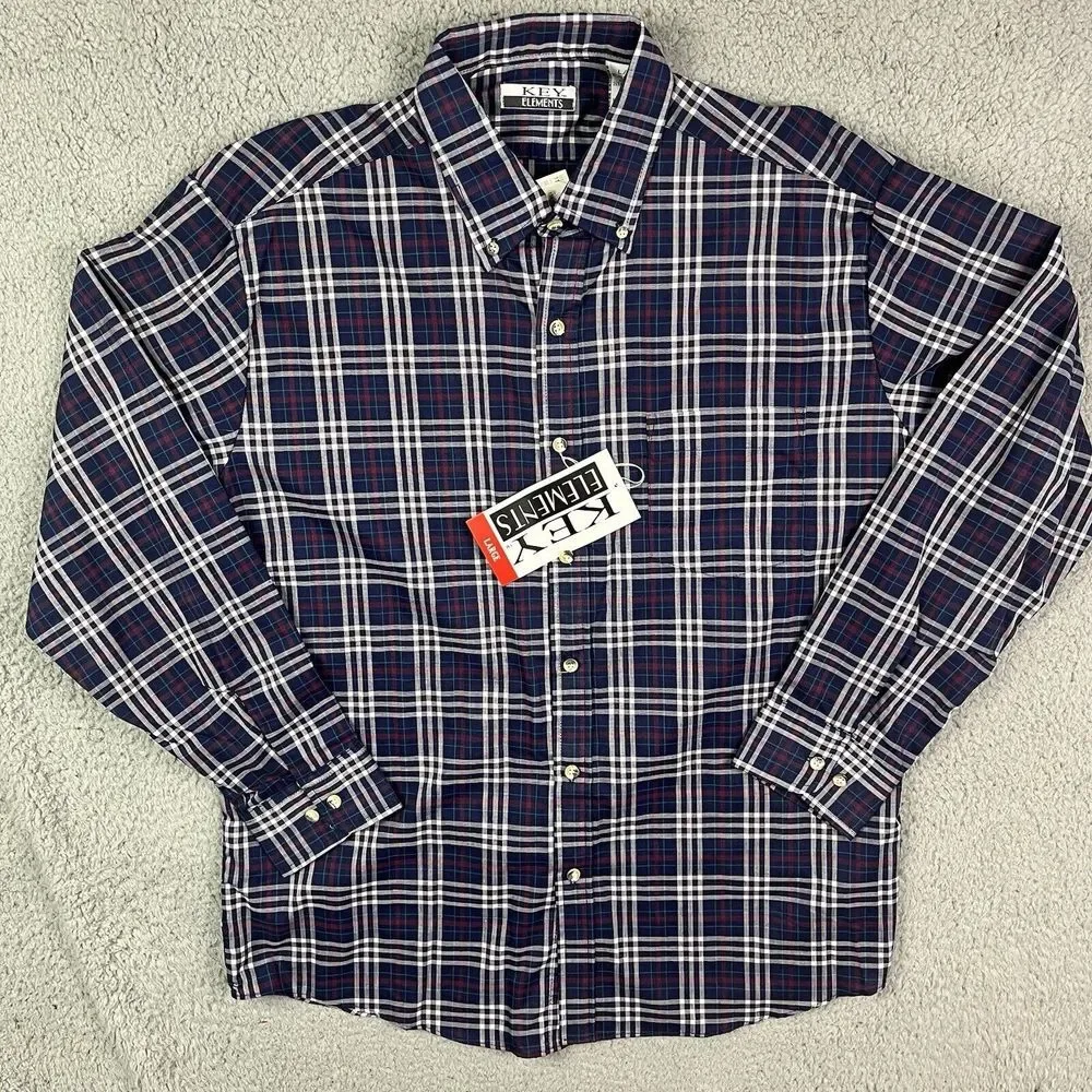 Vintage Key Elements 90's Button Shirt Plaid Blue‎ Red White Long Sleeve Lg NOS